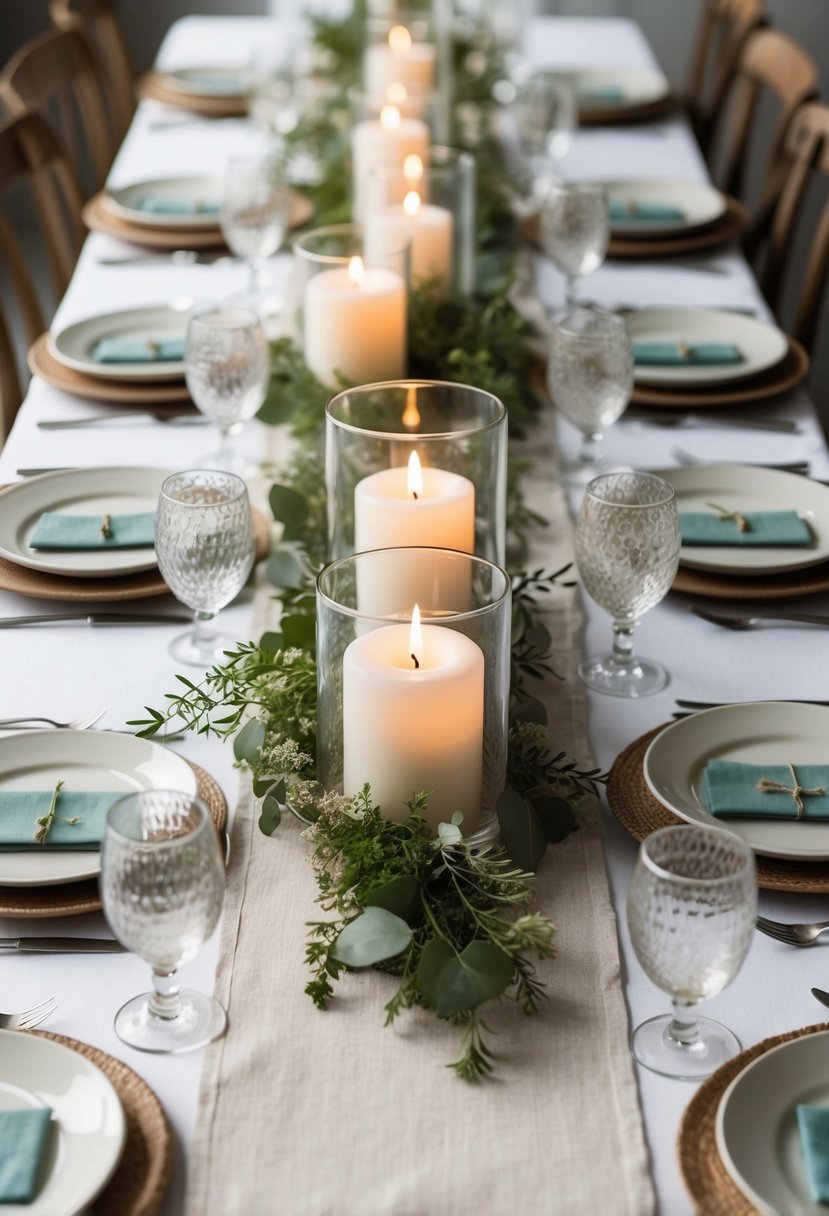 An eco-friendly ivory linen table runner adorned with delicate greenery and recycled glass candle holders