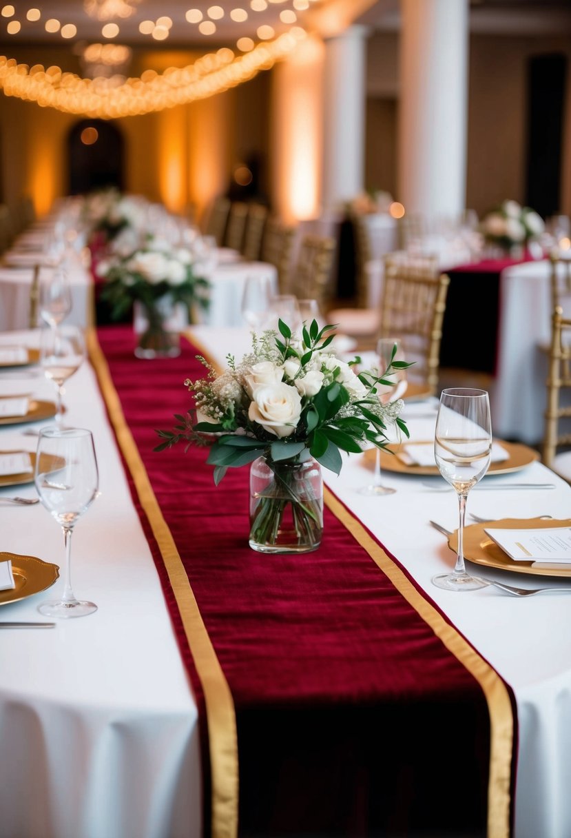 Rich velvet runners with gold trim adorn elegant wedding tables