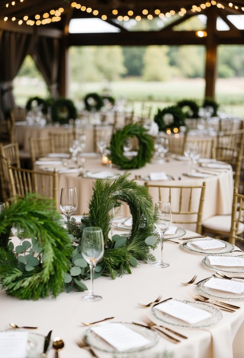 Ivory linen tables adorned with greenery wreaths as centerpieces