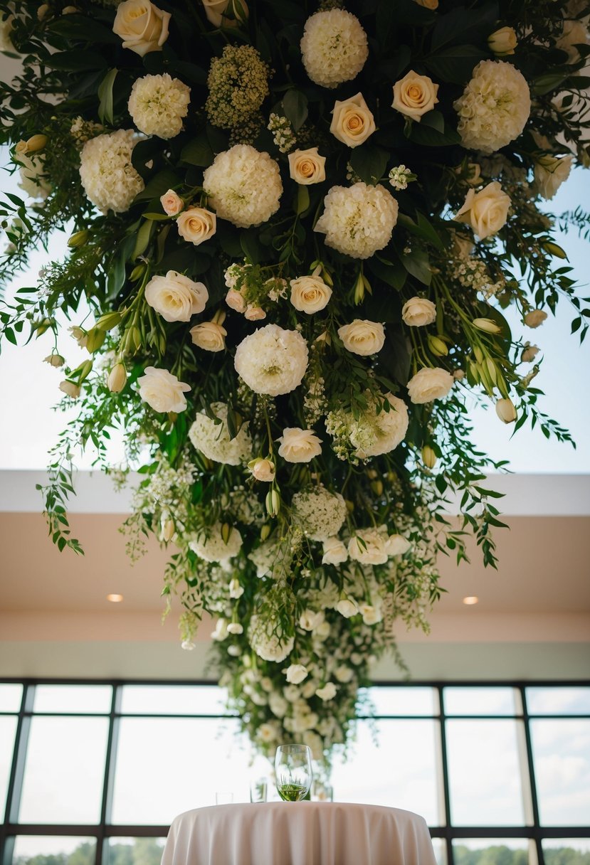 Lush floral arrangements cascade from above, creating a dramatic focal point for a high wedding table