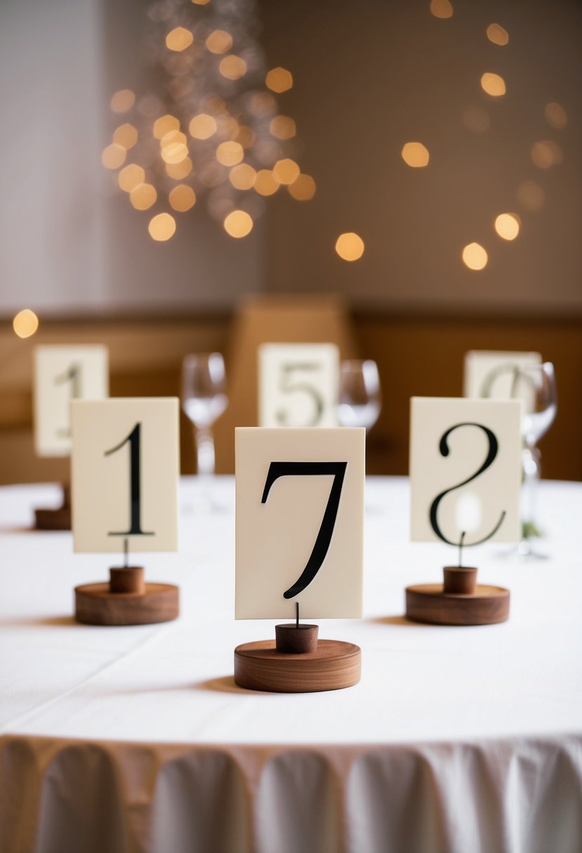 A set of charming ivory and wooden table numbers arranged on a linen wedding table