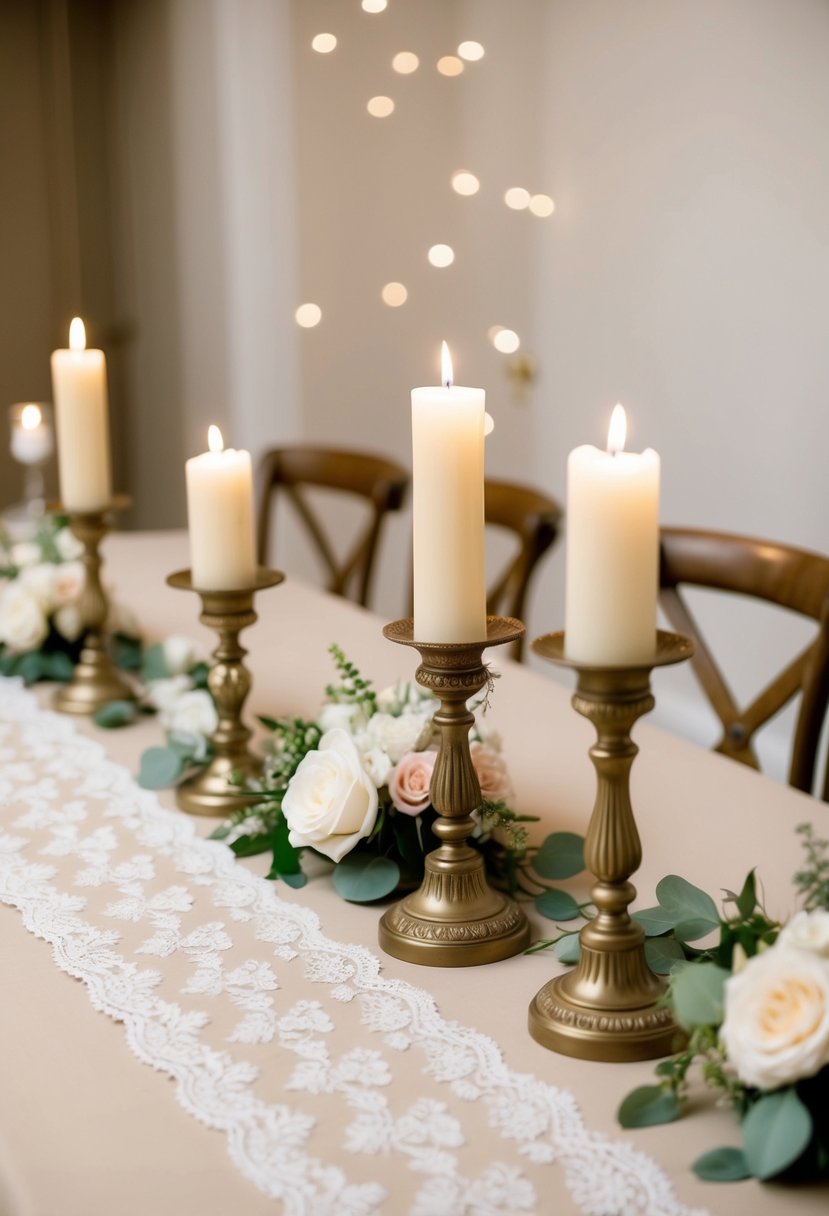 A beige table adorned with delicate lace runners, vintage candle holders, and soft floral arrangements