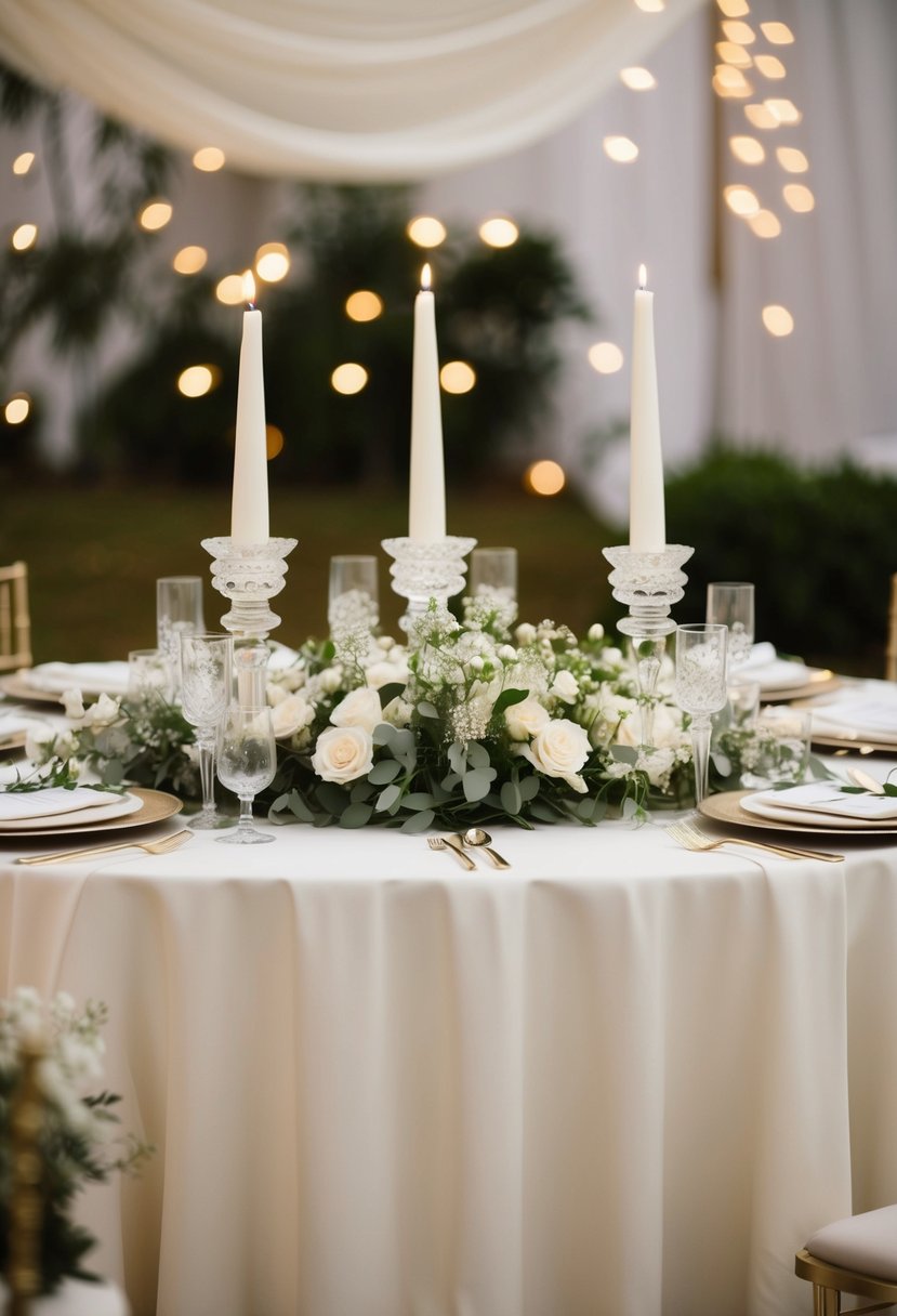 Ivory linen draped wedding table adorned with crystal candleholders