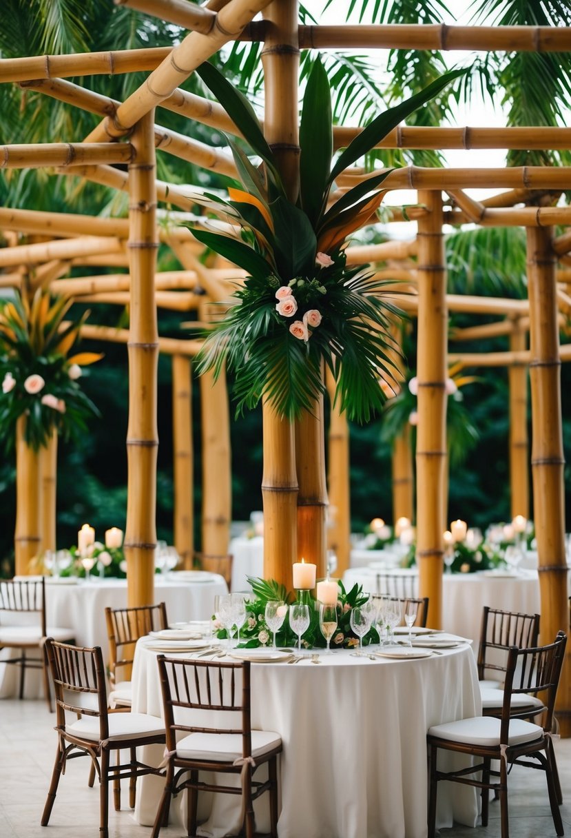 Bamboo structures with tropical foliage adorn high wedding tables