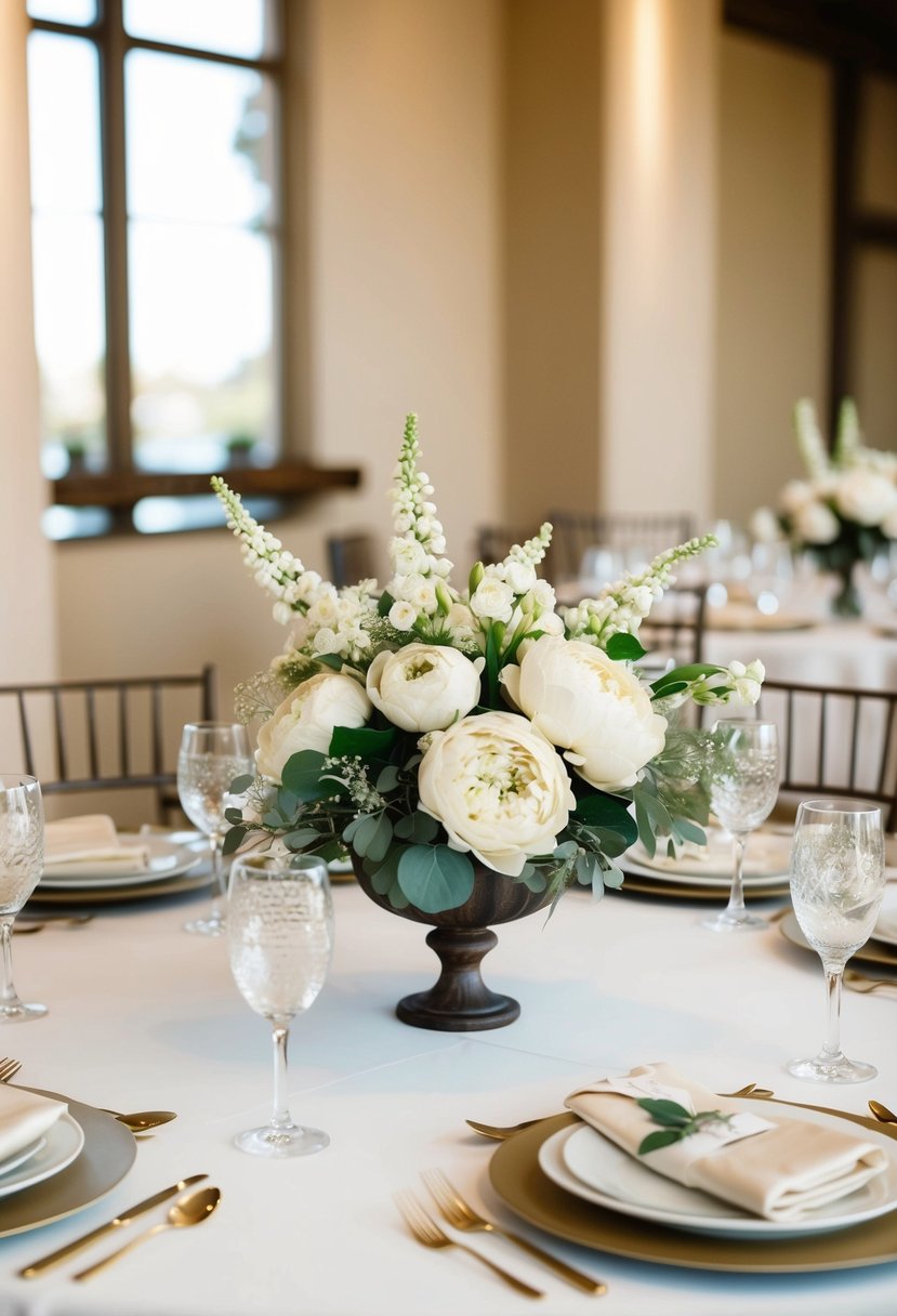 A table set with beige silk flower arrangements, creating an elegant and romantic wedding decoration