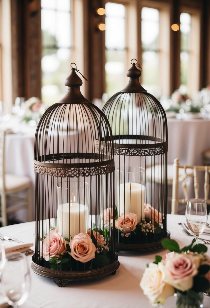 Birdcages with roses atop tables, vintage wedding decor