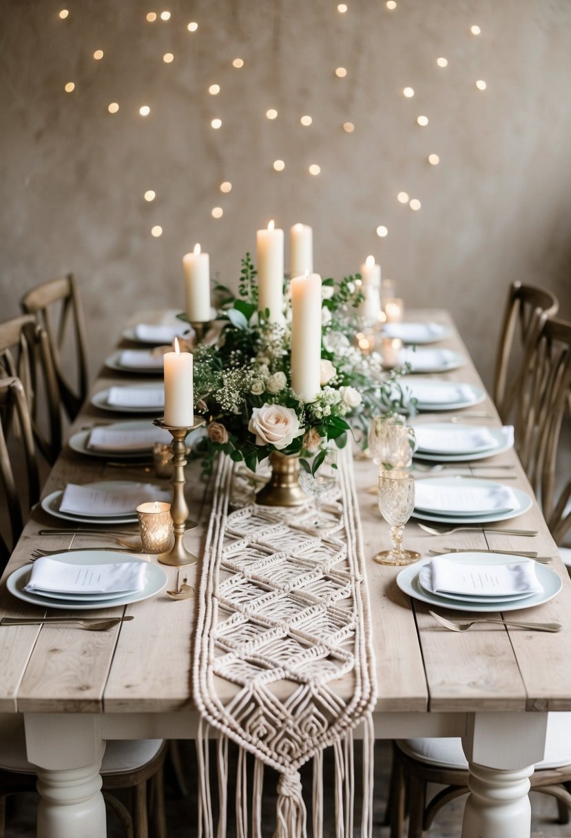 An elegant ivory macrame table runner drapes across a rustic wooden table, adorned with delicate floral arrangements and candles, creating a romantic wedding table setting