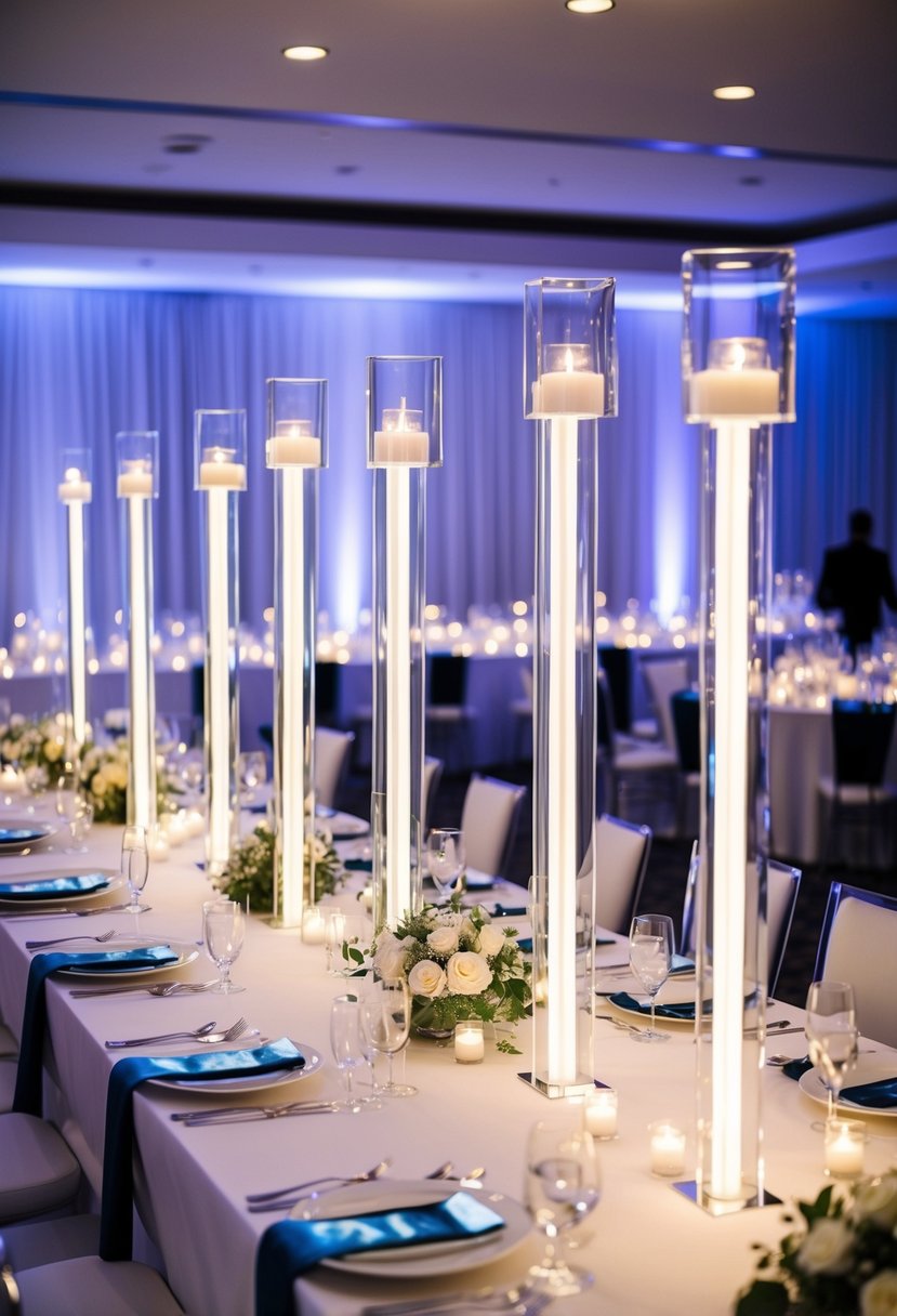 A sleek, modern wedding table adorned with tall plexiglass columns illuminated by LED lighting, creating a contemporary and elegant centerpiece