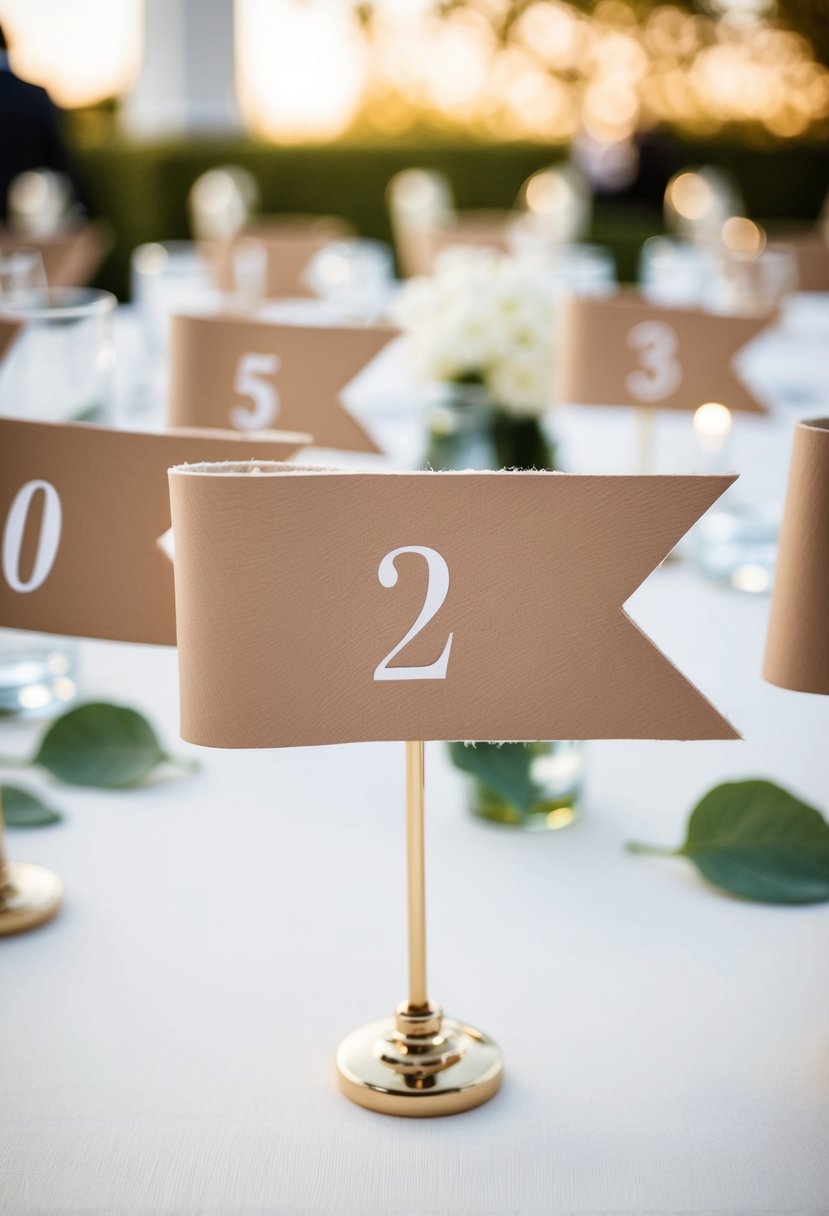 Beige vegan leather table number flags arranged on wedding reception tables