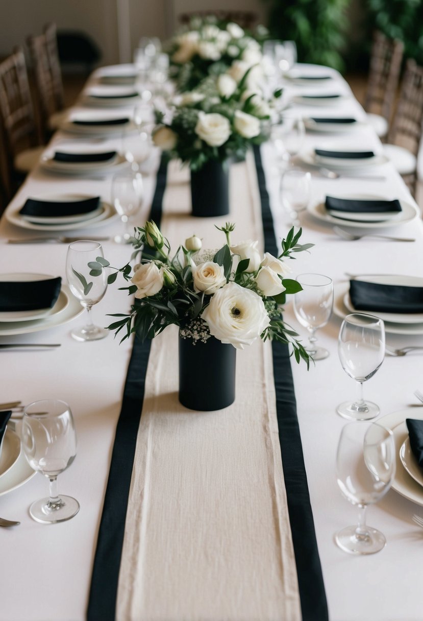 A simple ivory linen table runner with black accents, surrounded by monochrome floral centerpieces