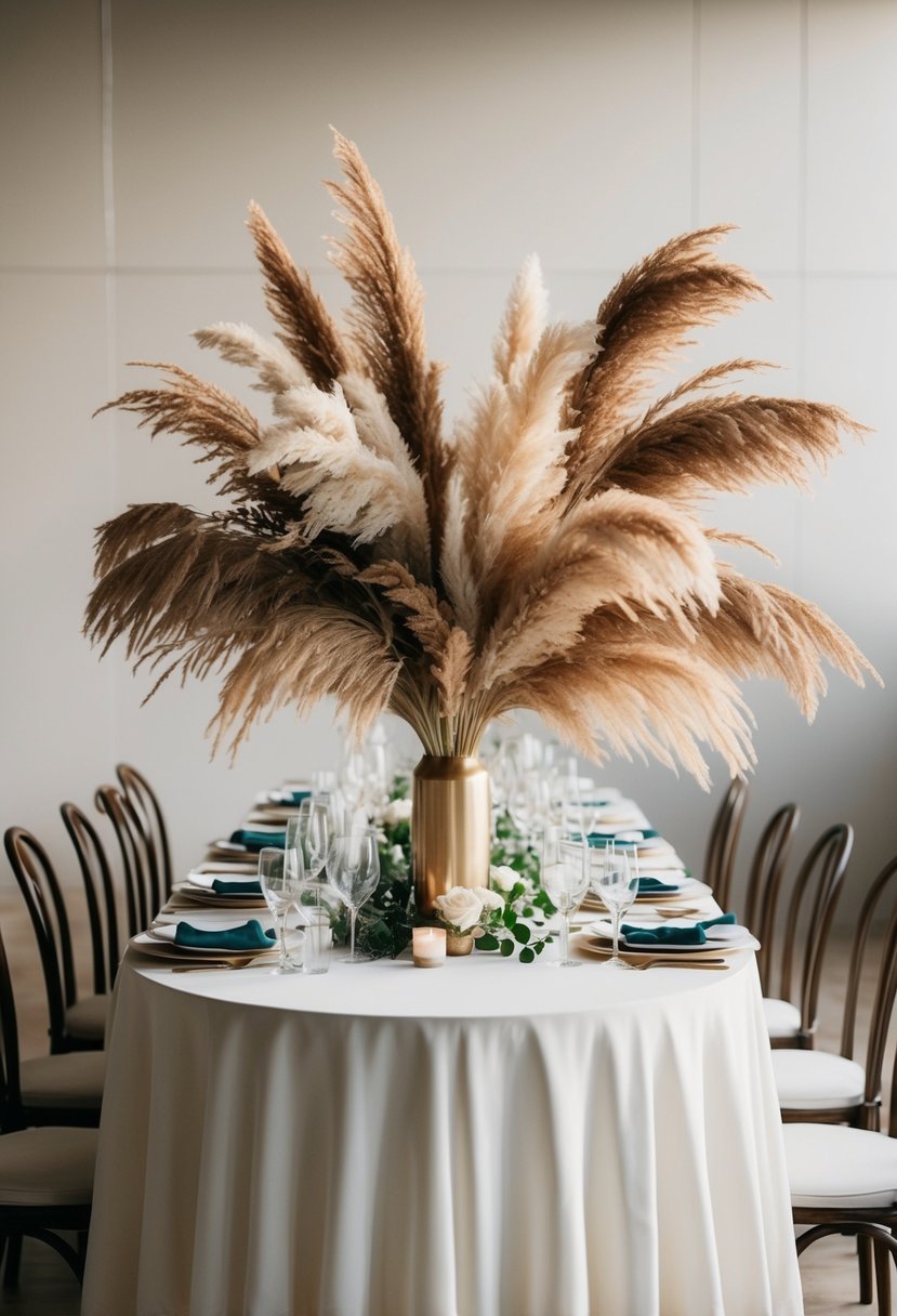 A high wedding table adorned with pampas grass arrangements exuding a boho vibe