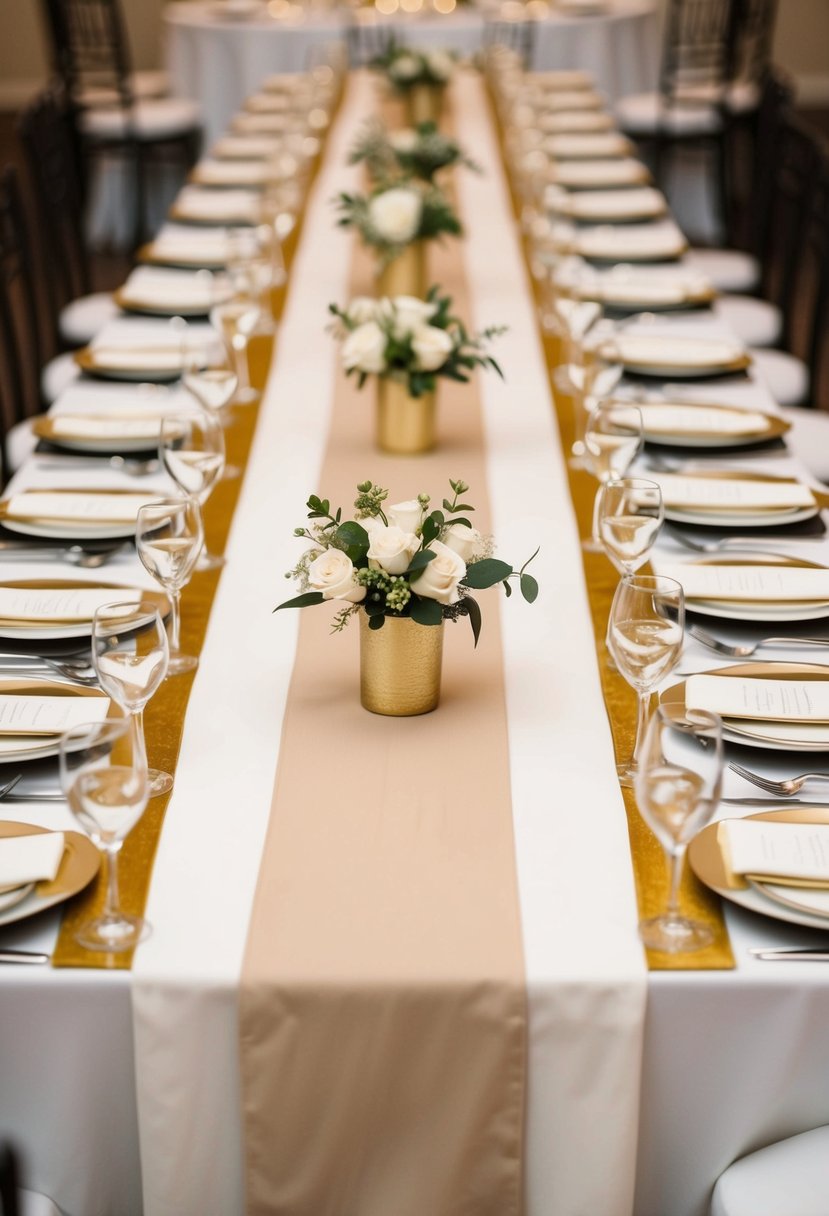 A long beige table runner with gold accents drapes elegantly across a wedding reception table, adding a touch of sophistication to the decor