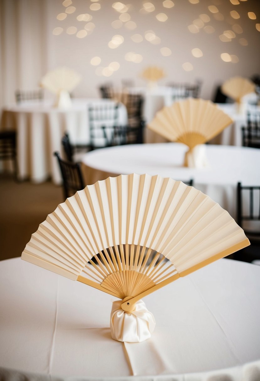 Ivory table fans arranged on linen-covered wedding tables