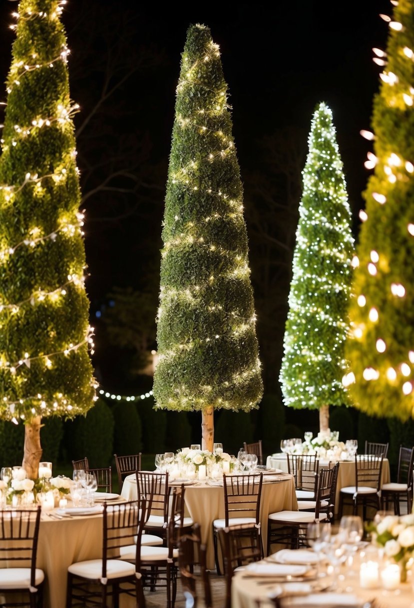 Tall topiary trees adorned with twinkling white lights illuminate an elegant wedding table setting