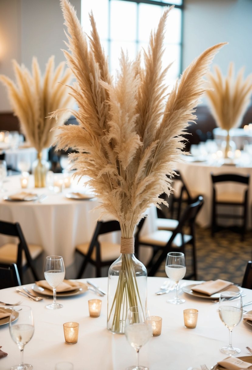 Beige pampas grass centerpieces arranged on wedding reception tables