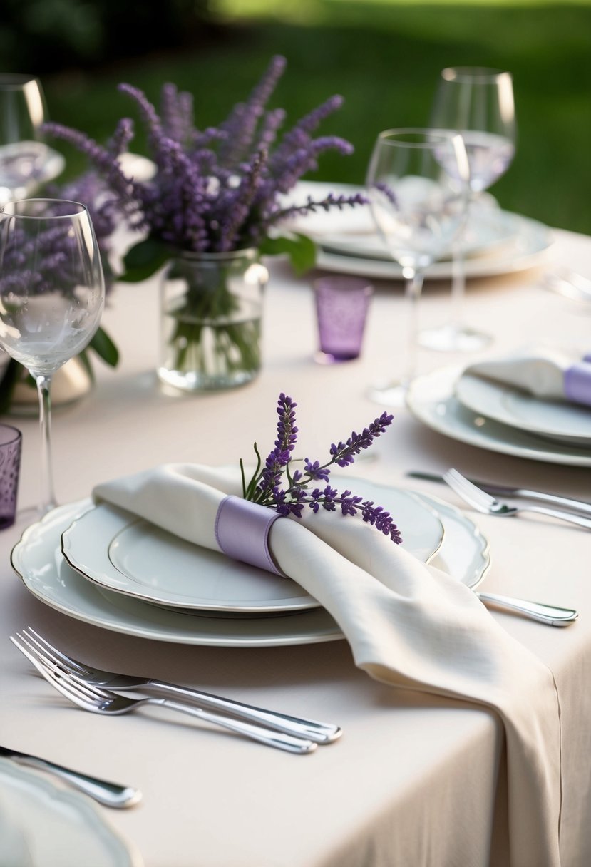 A table set with ivory linen, adorned with delicate lavender accents