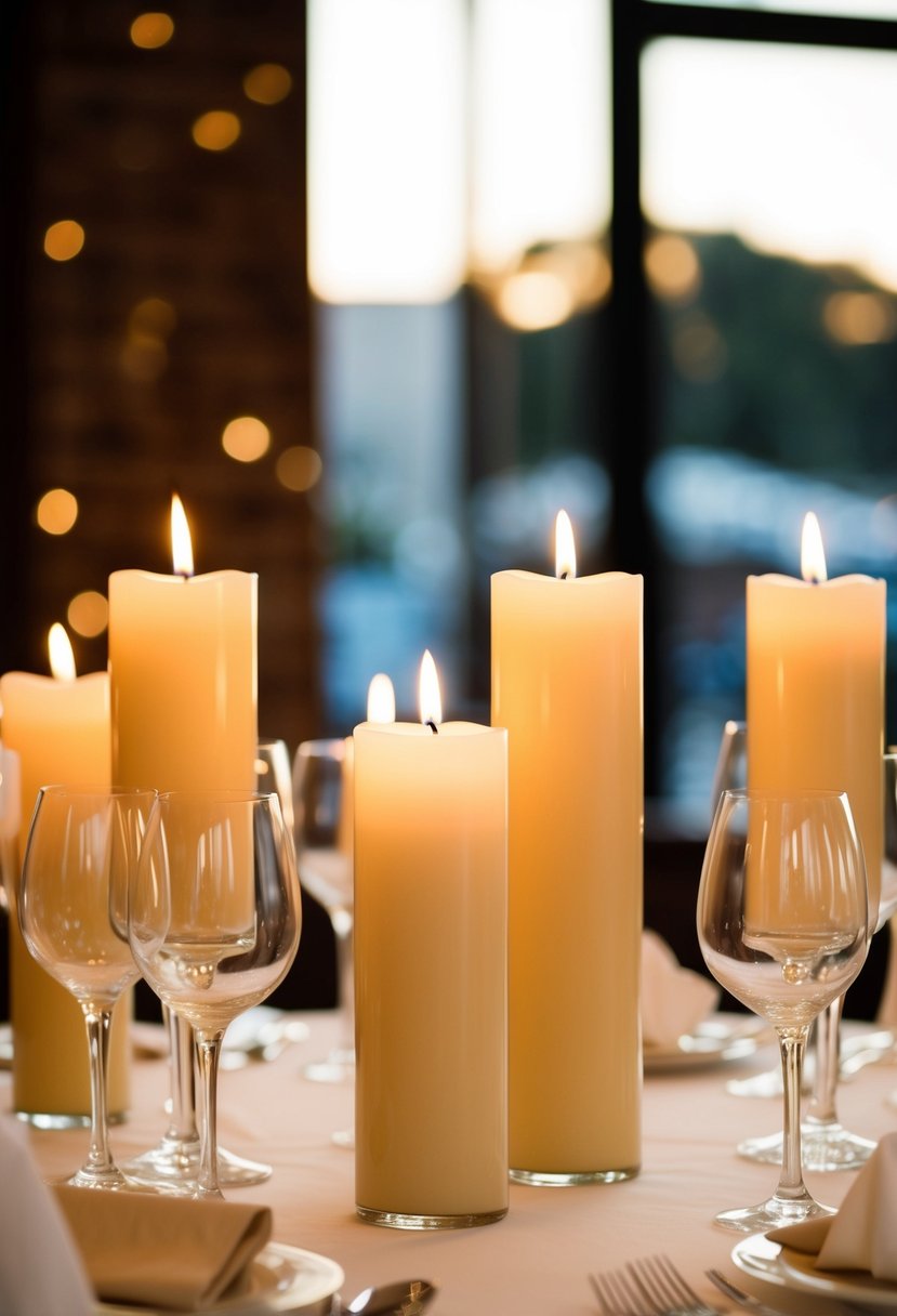 Beige candles in glass holders arranged on a wedding reception table, casting a warm and elegant glow