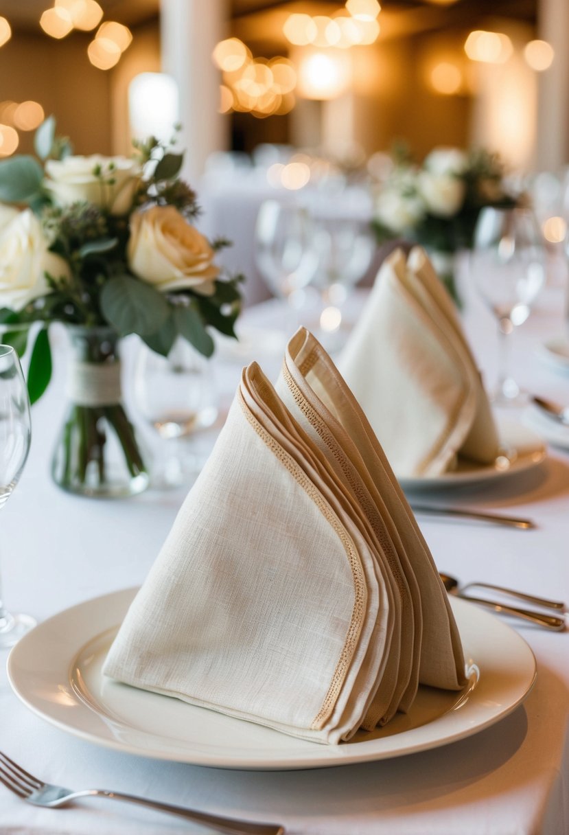 Linen napkins with beige trim neatly folded on a wedding reception table