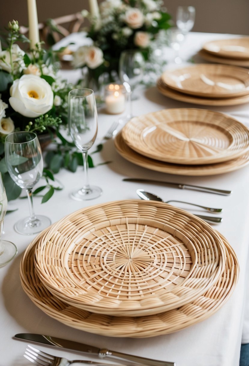 Beige wicker chargers arranged on a wedding table with plates and floral decorations