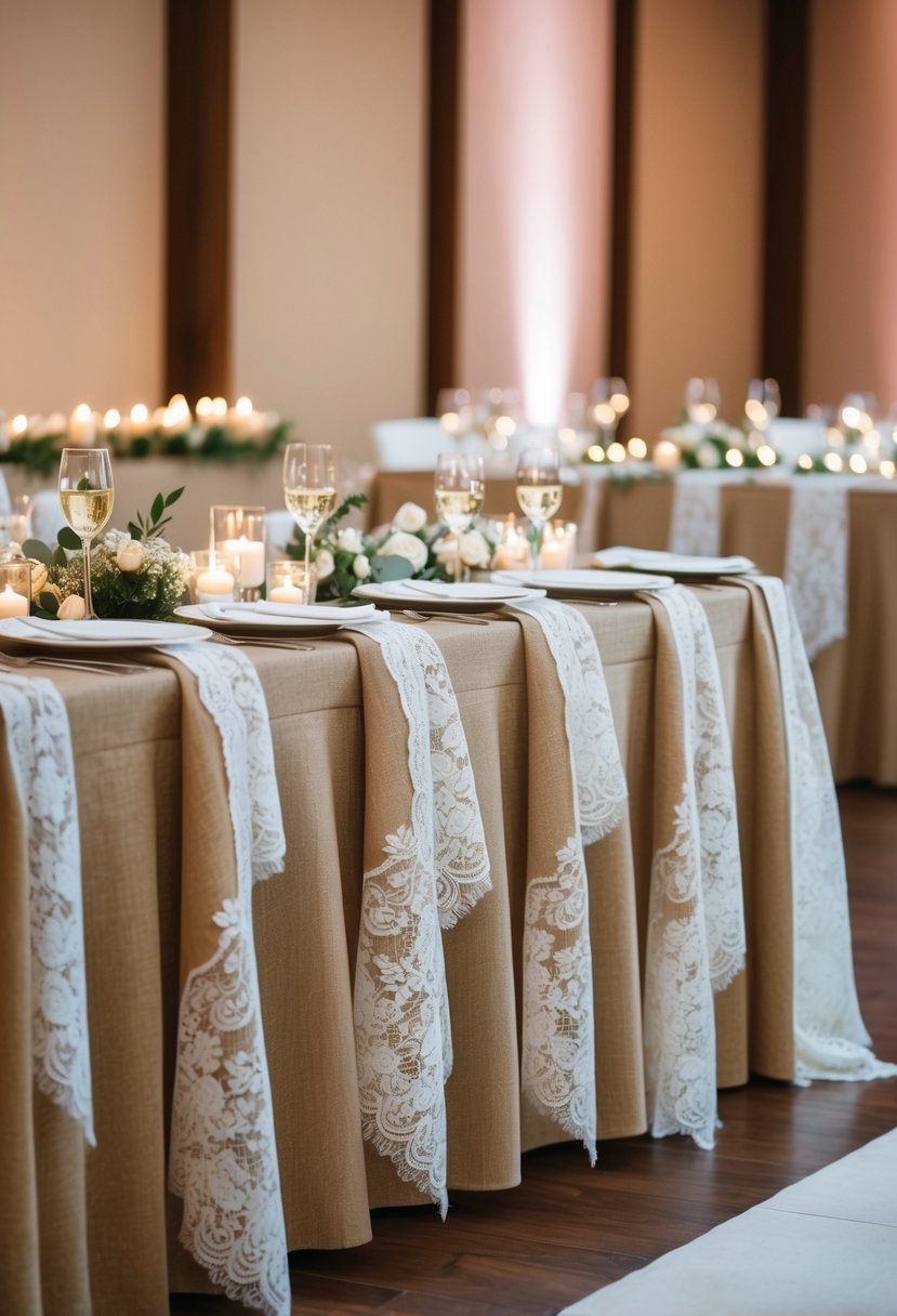 Beige burlap and lace table linens draped over a wedding reception table, adorned with delicate floral centerpieces and soft candlelight