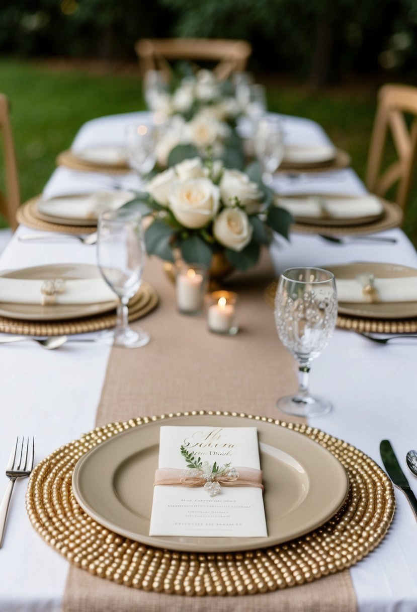 A table set with beaded beige placemats, adorned with delicate wedding decorations