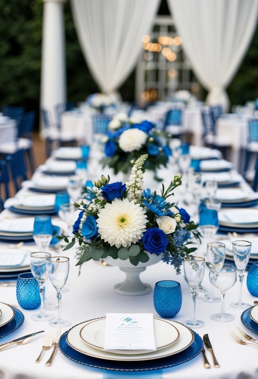 A blue and white themed wedding table set with elegant floral centerpieces and delicate porcelain dinnerware