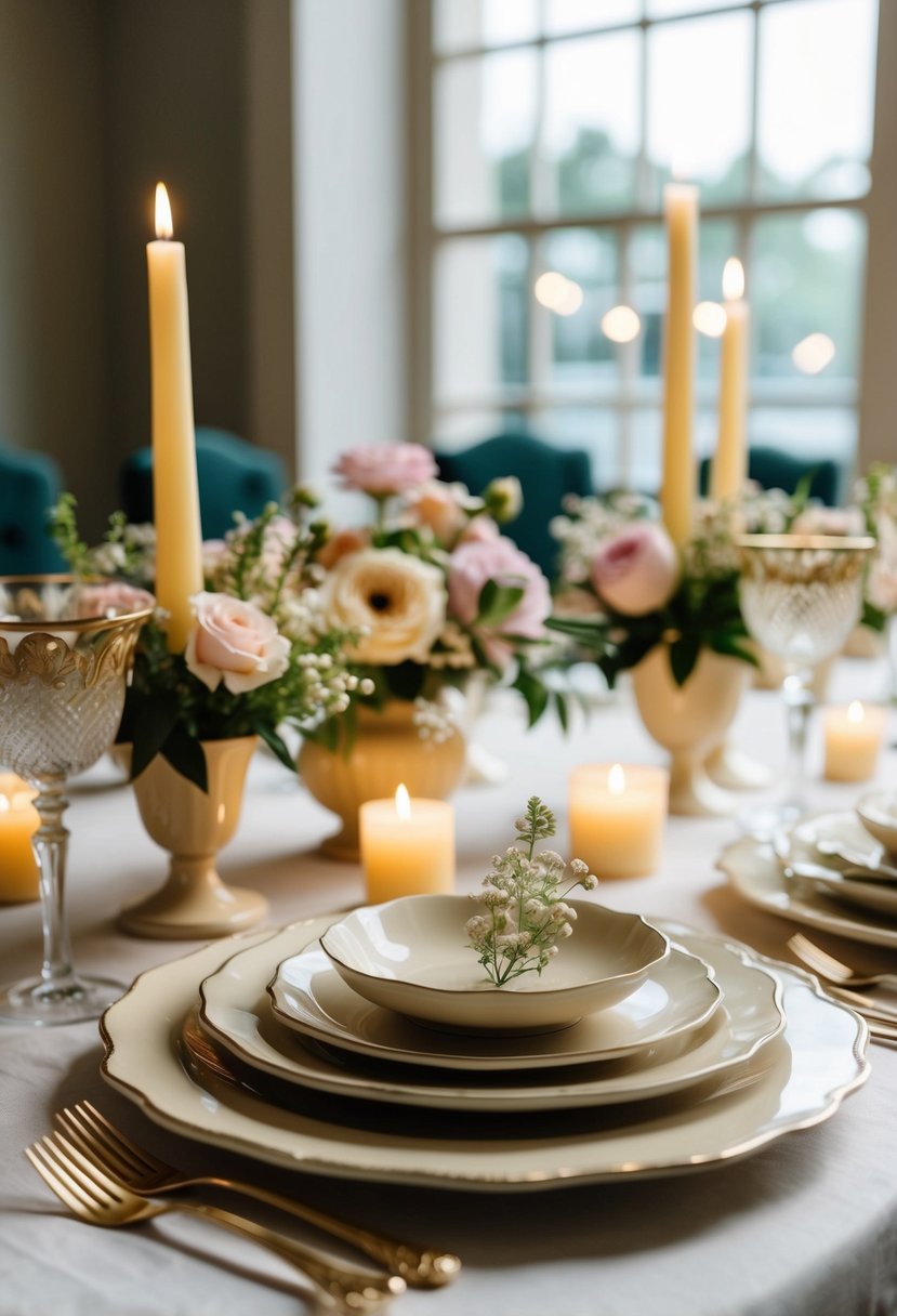 A table set with vintage beige porcelain dishes, adorned with delicate floral arrangements and soft candlelight