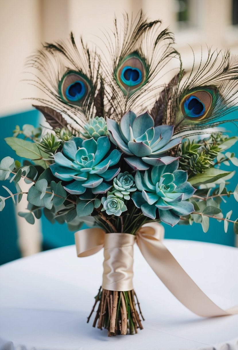 A teal wedding bouquet with peacock feathers, succulents, and eucalyptus, tied with a satin ribbon