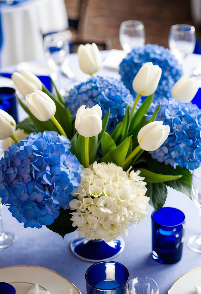 Blue hydrangeas and white tulips arranged in a classic centerpiece for a blue and white wedding table decoration