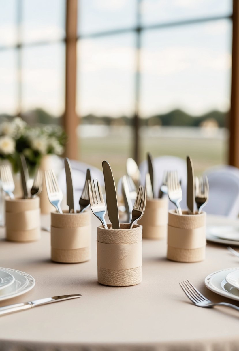 Beige ribbon-wrapped cutlery holders arranged on a neutral-colored wedding table