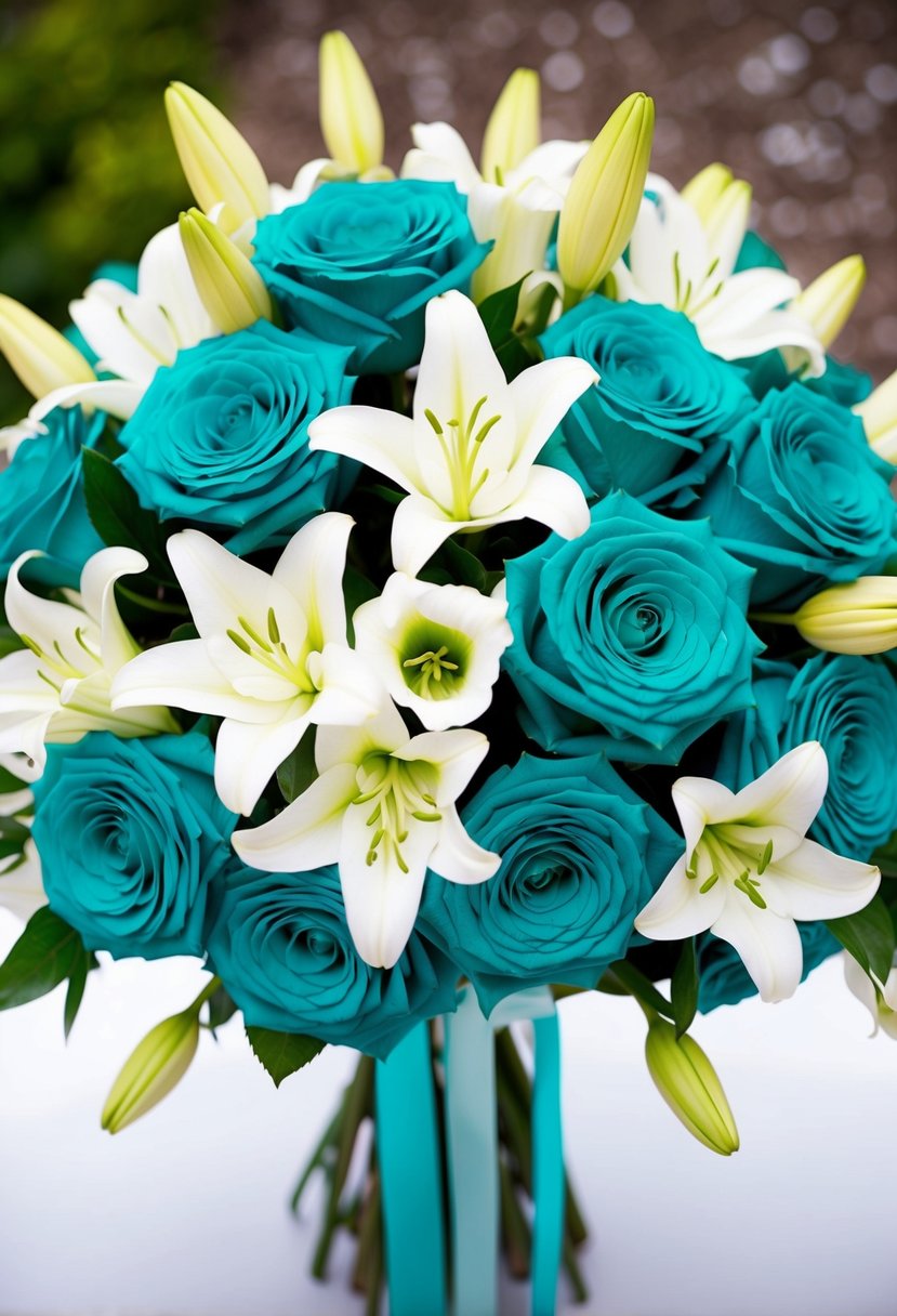 A bouquet of teal roses and white lilies arranged in a cascading fashion