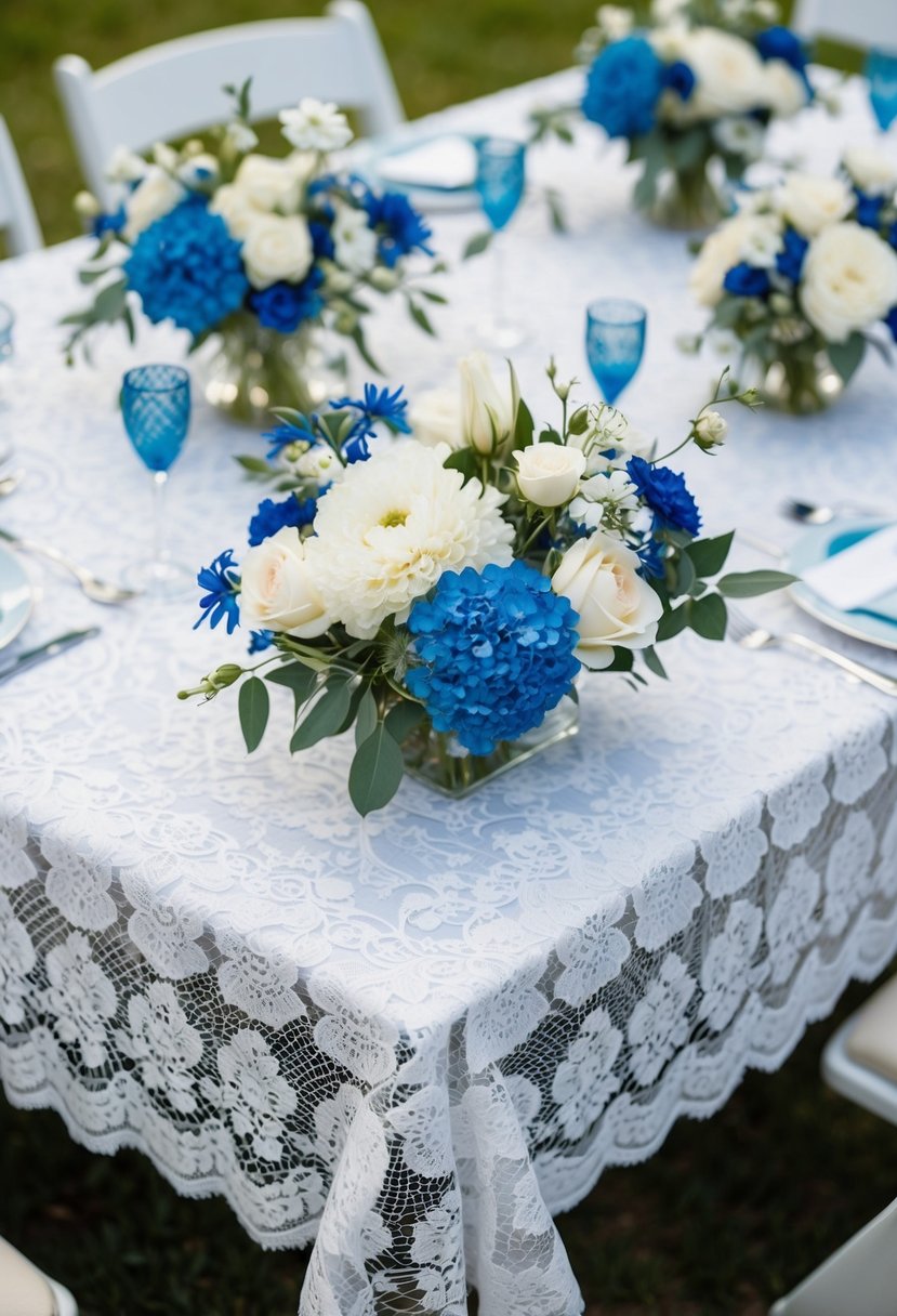 A white lace table overlay with blue and white floral centerpieces creates a romantic wedding table setting