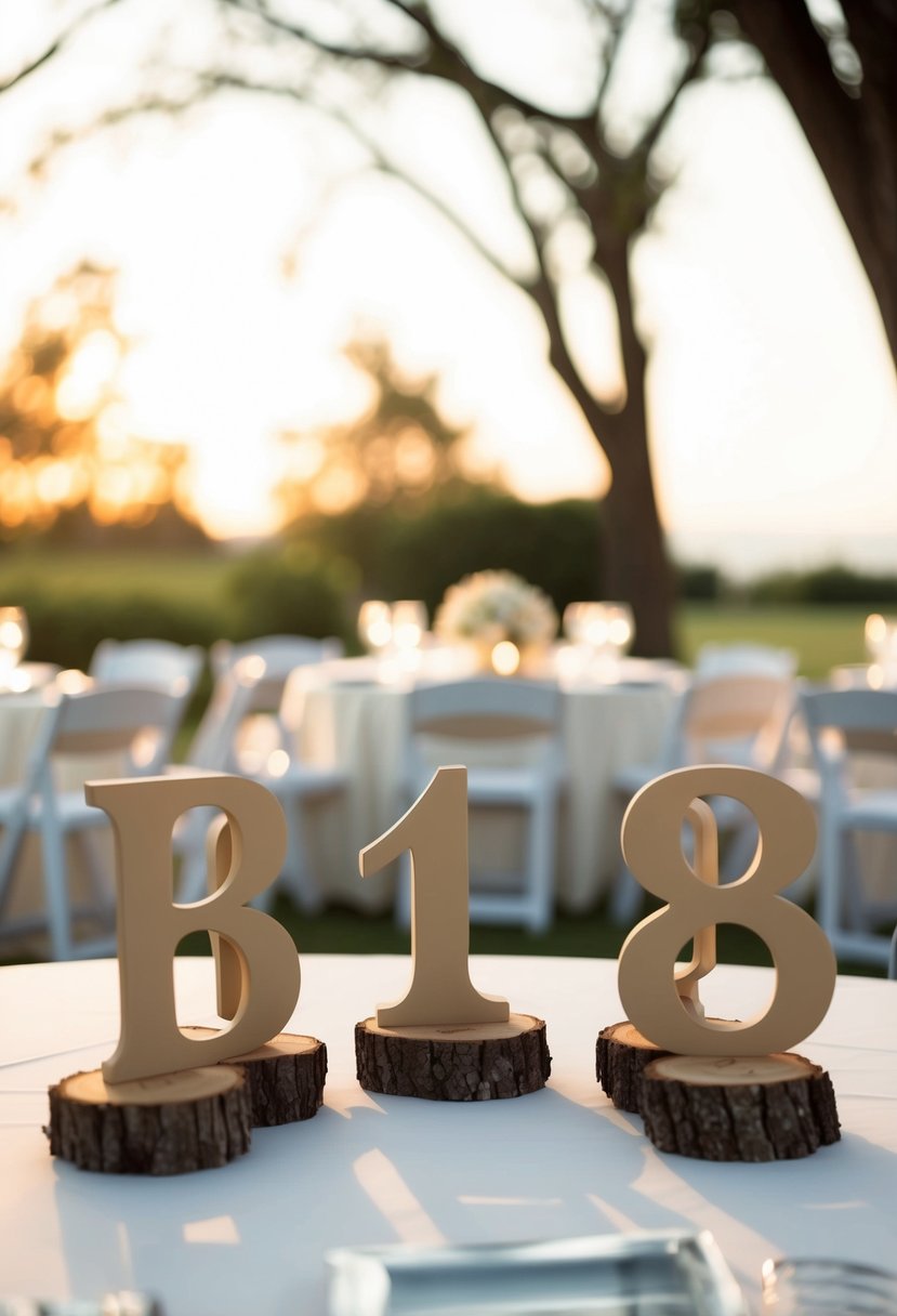 A set of rustic wood table numbers with beige font arranged on a table for a wedding decoration