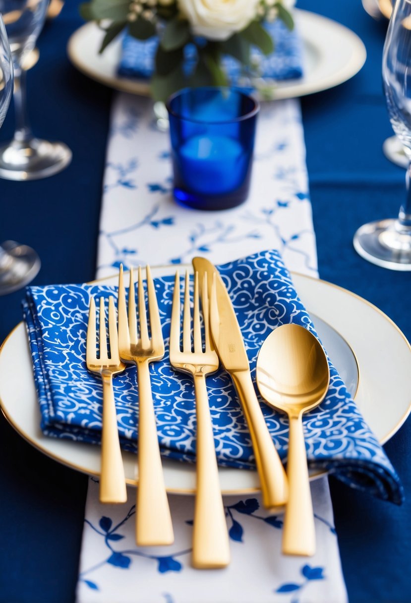 Gold cutlery rests on blue printed napkins, set against a backdrop of blue and white wedding table decorations