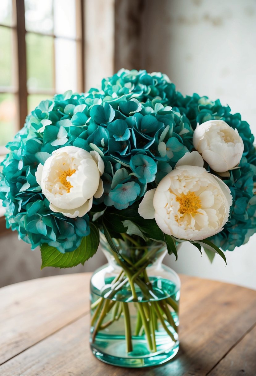 A lush bouquet of teal hydrangeas and ivory peonies in a glass vase on a rustic wooden table