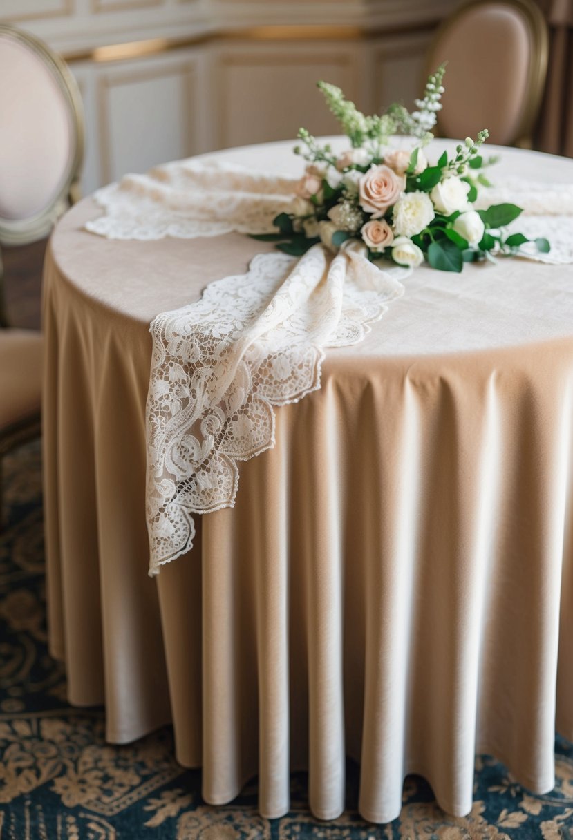 A beige velvet table cloth drapes over a round table, adorned with delicate lace and fresh flowers