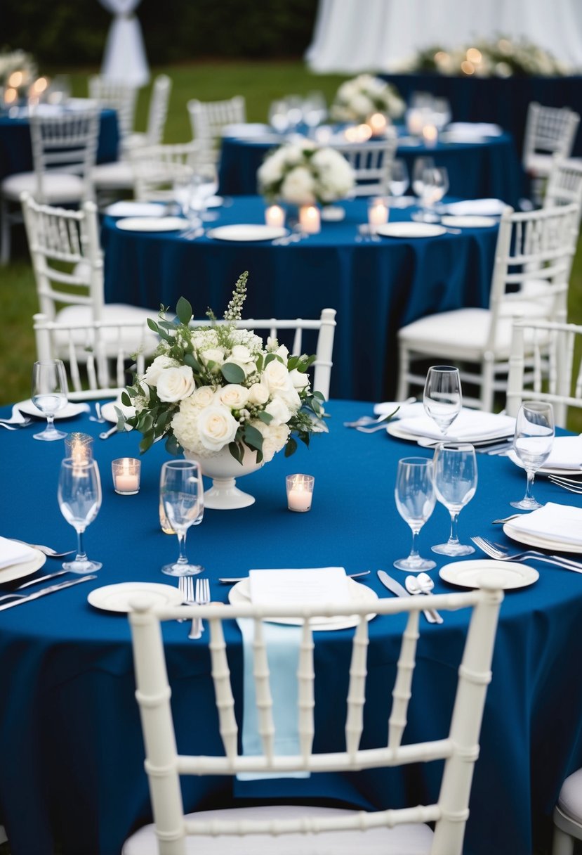 Navy blue tablecloths adorned with white centerpieces create an elegant wedding table setting