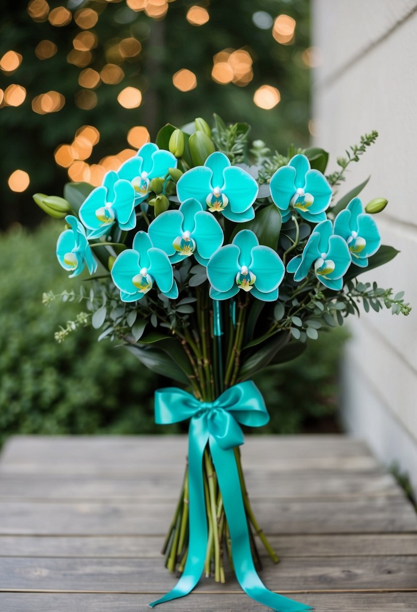 A bouquet of classic teal orchids and greenery, tied with a teal ribbon