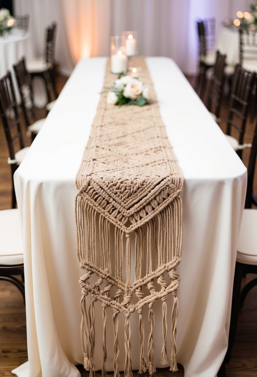 A beige macrame table runner drapes elegantly across a wedding reception table, adding a touch of bohemian charm to the decor