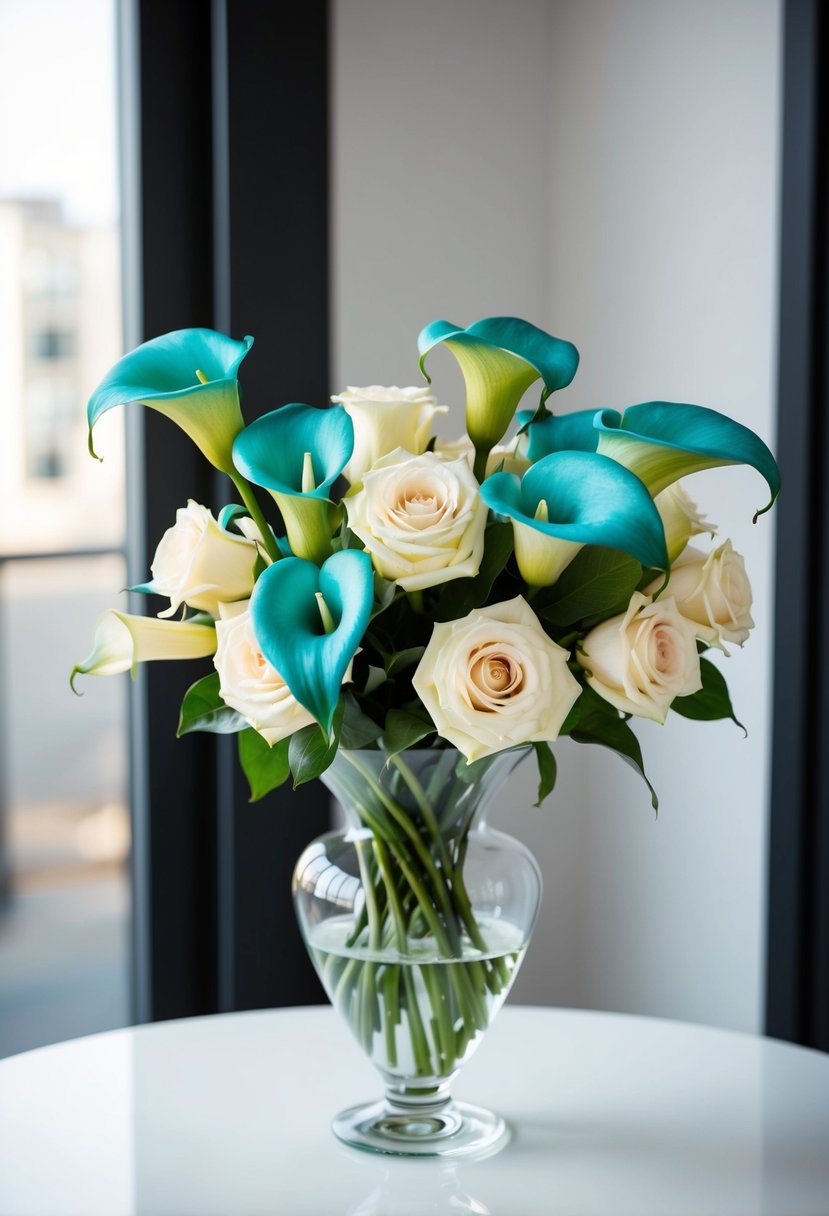 A bouquet of teal calla lilies and cream roses in a glass vase on a white table