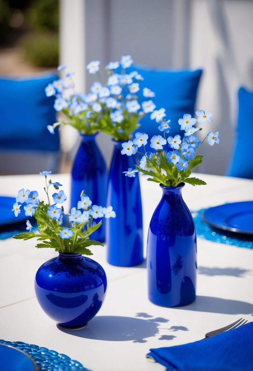 Blue vases hold delicate forget-me-nots, set on white table with blue accents