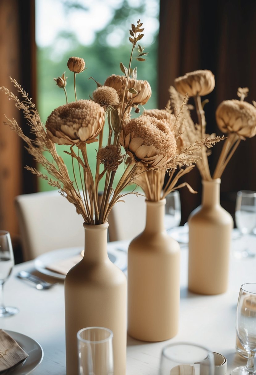 Dried blooms in beige vases on a wedding table