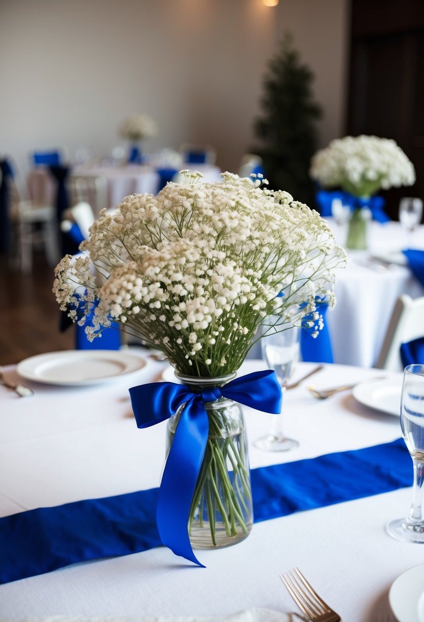 A table adorned with baby's breath bouquets tied with blue ribbons for a blue and white wedding theme