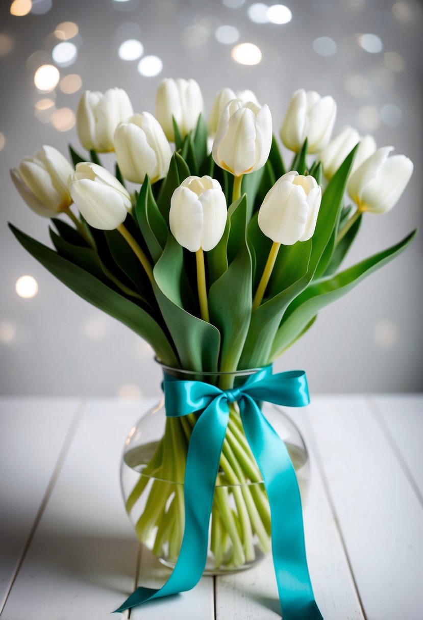 A bouquet of white tulips with teal ribbons tied around the stems