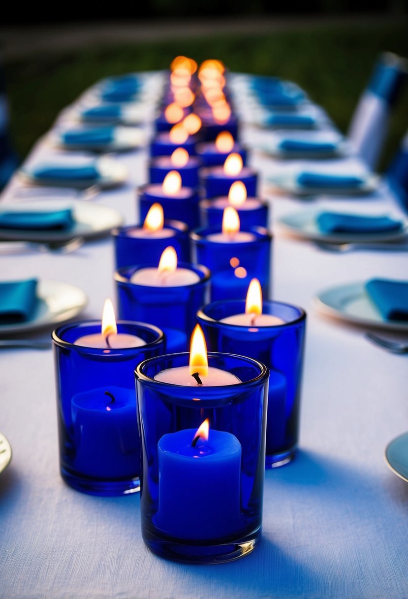 Tealight candles in blue glass holders illuminate a white and blue wedding table