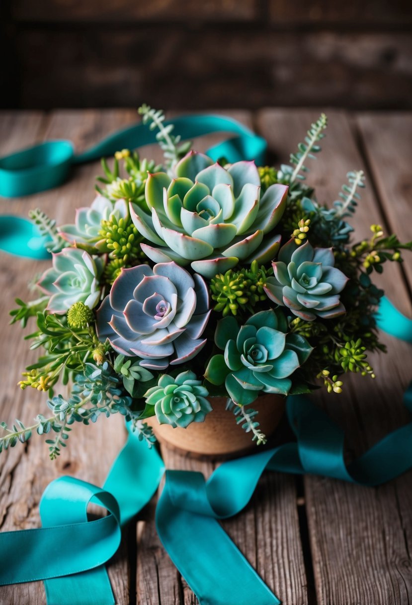 A vibrant succulent bouquet with teal accents sits on a rustic wooden table, surrounded by delicate teal ribbons and foliage