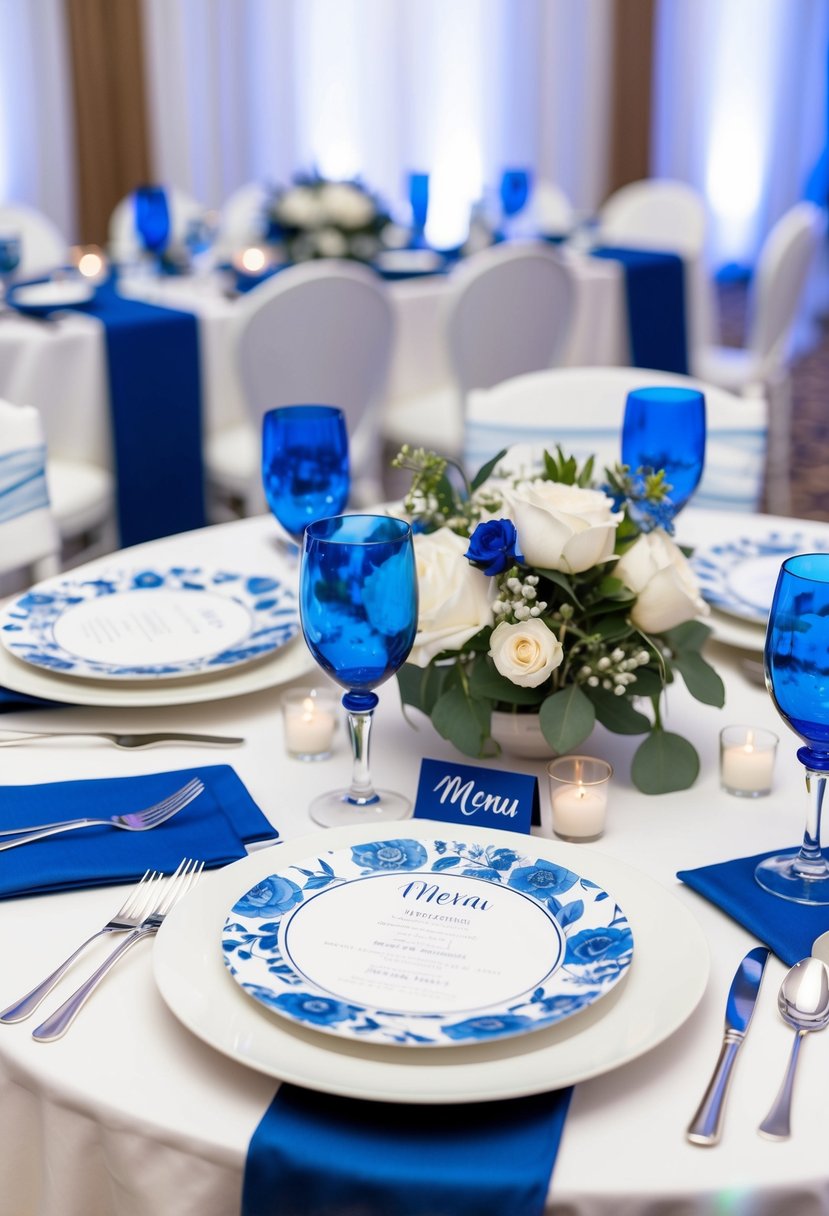 A table set with blue floral printed menus and coordinating white and blue decorations for a wedding reception