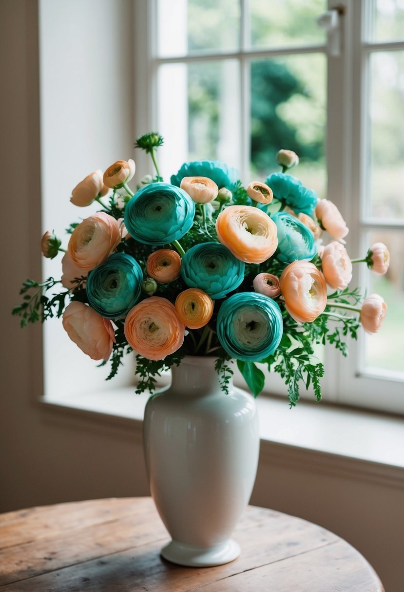 A lush bouquet of teal and peach ranunculus sits in a white vase on a rustic wooden table, with soft natural light streaming in from a nearby window