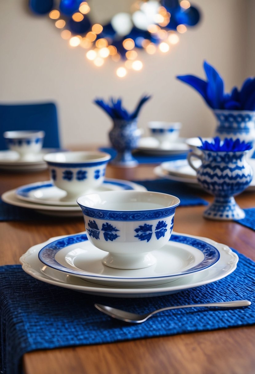 White porcelain dishes with blue accents arranged on a table with matching blue and white decorations