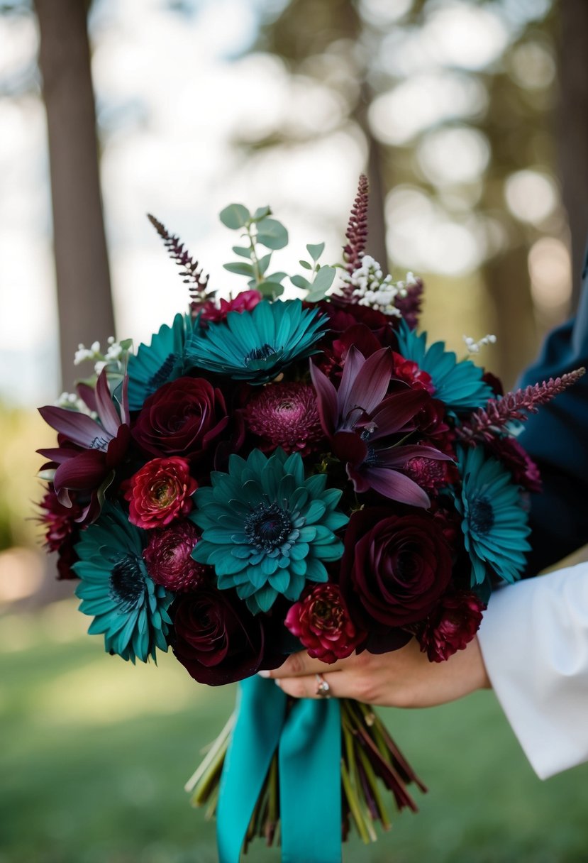 A dark teal and burgundy floral mix in a wedding bouquet, with teal ribbon accents